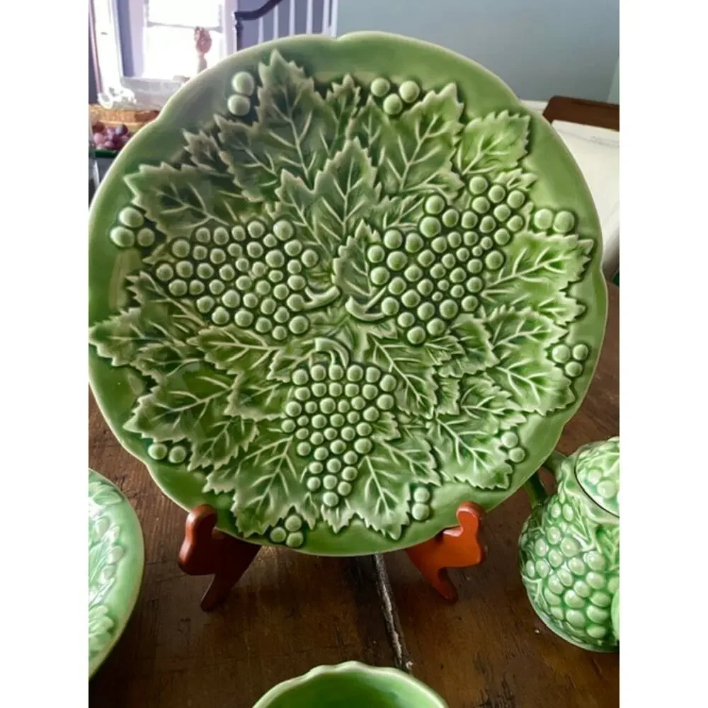 Vintage Style 11 piece Green Grape Vine Majolica Style Tea Set French Country